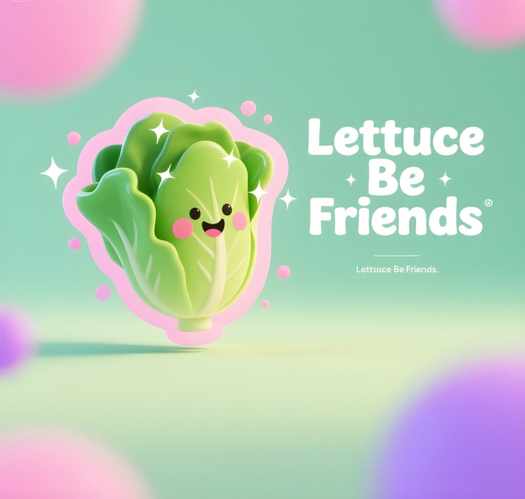 Cartoon lettuce with a smiling face and the text "Lettuce be friends" in a playful font.