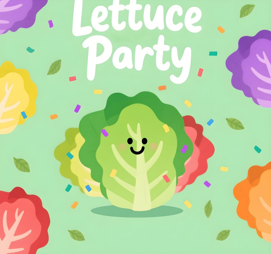 A fun cartoon of cabbages at a party, featuring vibrant leaves and playful lettuce puns.