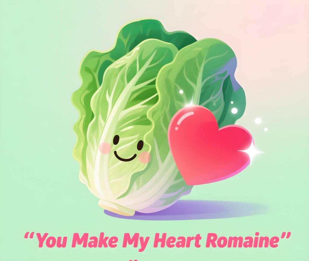 A playful graphic featuring lettuce with the text "You make my heart romaine," highlighting a fun pun on romance.
