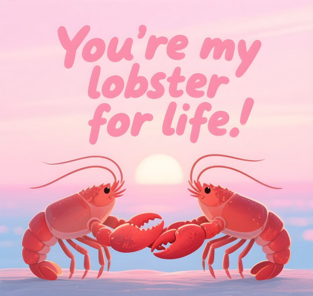 Two cartoon lobsters on a beach with the text "You're my lobster for life," showcasing a fun pun about love.