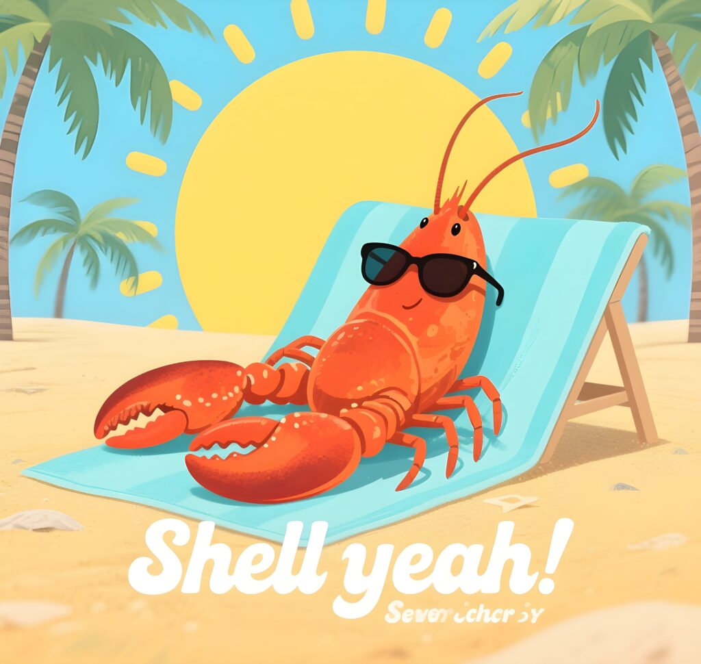  A playful graphic featuring a lobster with the text "Shell Yeah - Summer Vacation," celebrating lobster puns and fun.
