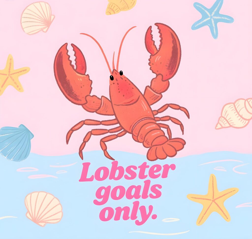 Fun cartoon lobster with a big grin, showcasing playful puns about "lobster goals" in a lighthearted, artistic design.