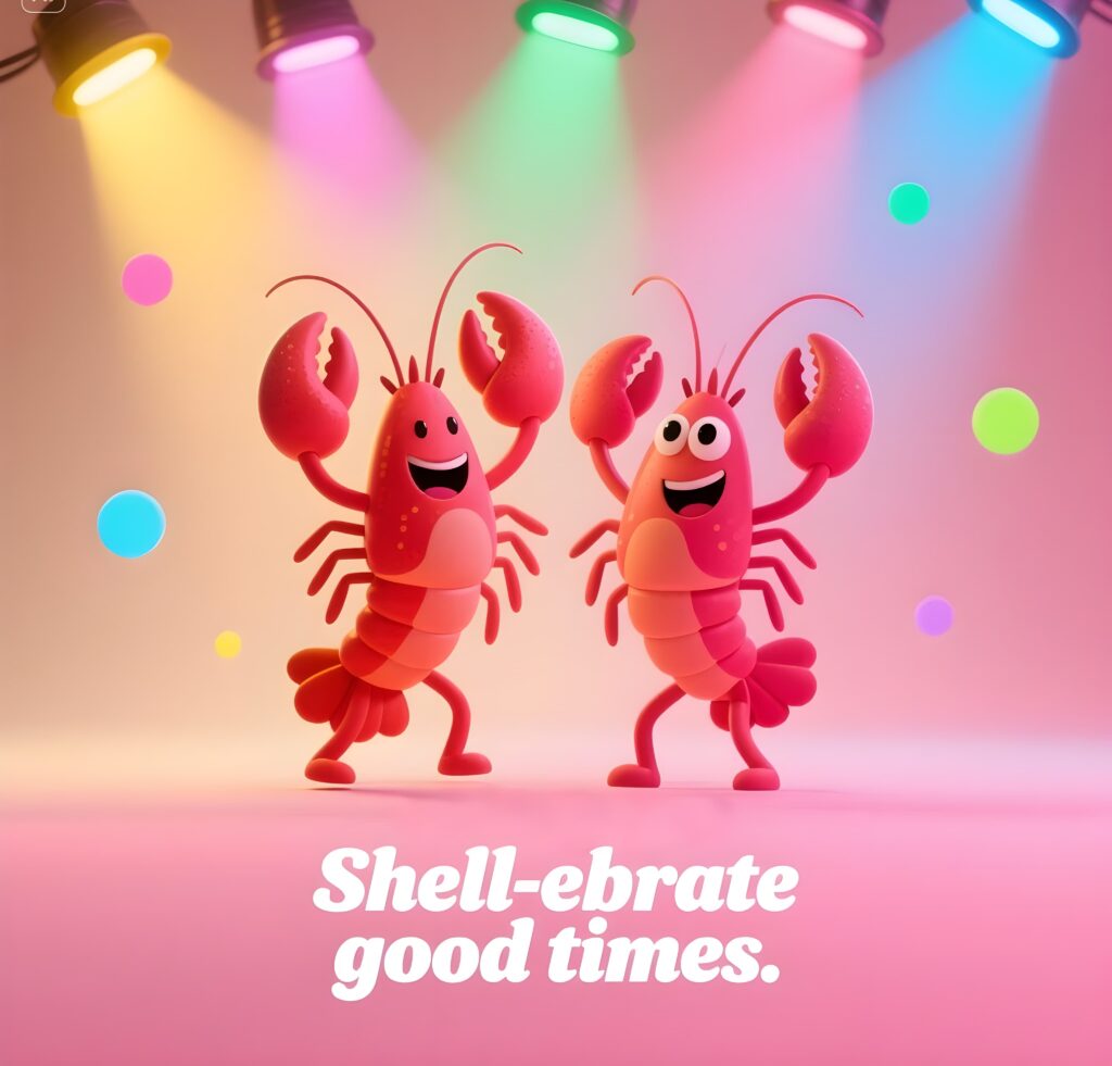 A cheerful lobster wearing a party hat, featuring the phrase "shell-ebrate good times" in a fun, pun-filled design.