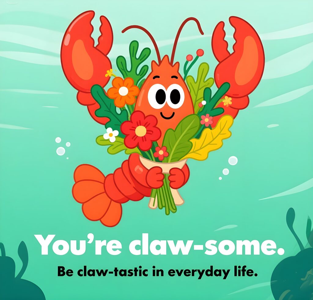 A playful lobster graphic with the pun "You're claw-some!" highlighting the fun in everyday life.