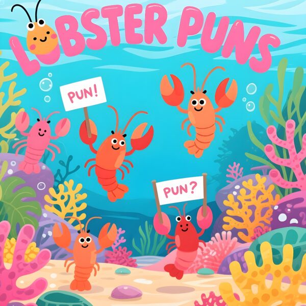 Cartoon of a lobster with funny puns, showcasing playful wordplay and vibrant colors.