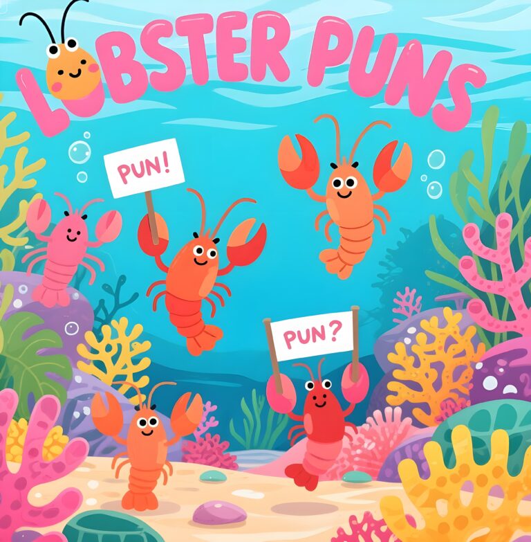 Cartoon of a lobster with funny puns, showcasing playful wordplay and vibrant colors.