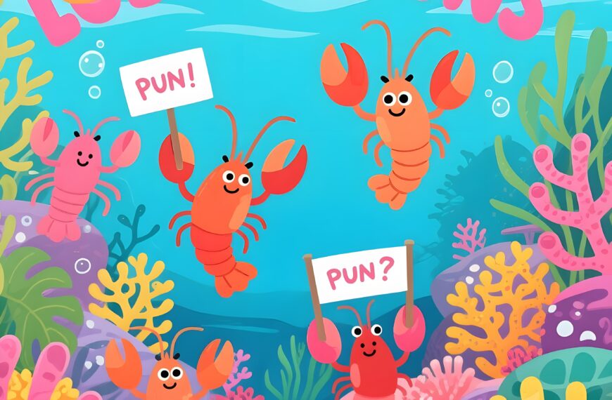 Cartoon of a lobster with funny puns, showcasing playful wordplay and vibrant colors.