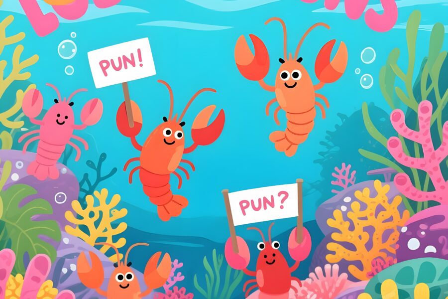 Cartoon of a lobster with funny puns, showcasing playful wordplay and vibrant colors.