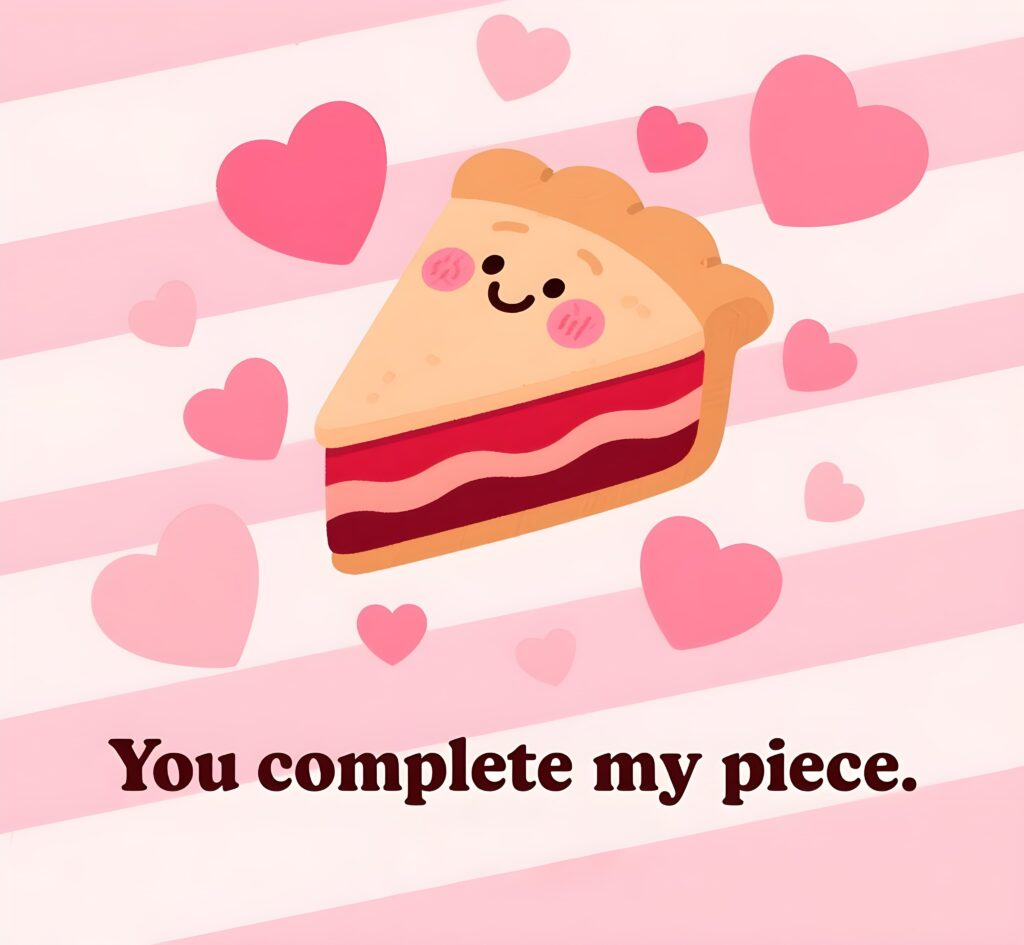 A playful pie graphic with the text "You complete my piece," featuring fun pie puns and colorful designs.