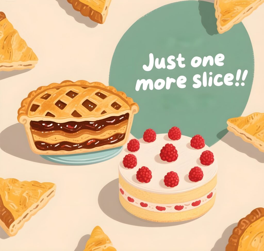 A fun poster featuring a slice of pie and a slice of cake, with playful pie puns adding humor to the design.