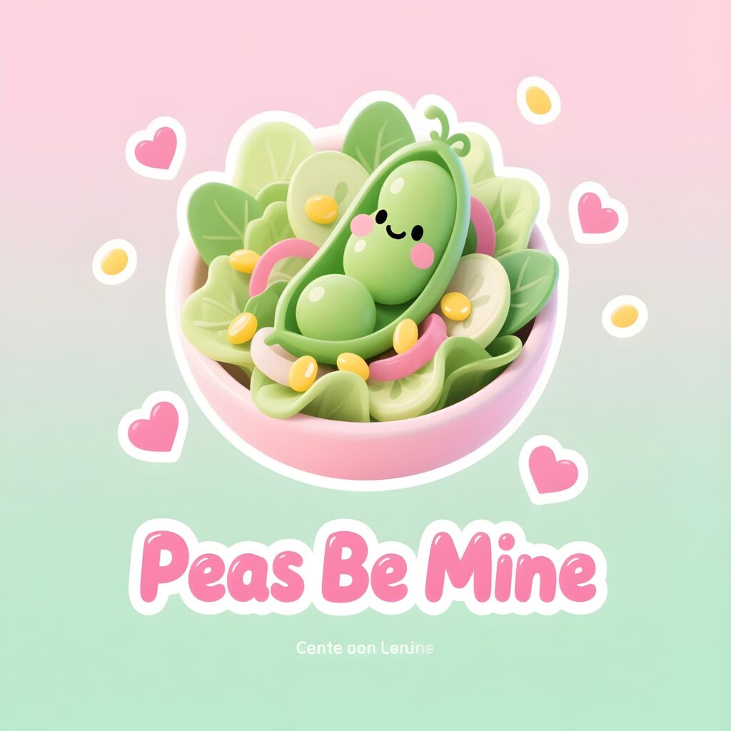 Kawaii illustration of peas with smiling faces and the text "peas be mine," themed around food puns.