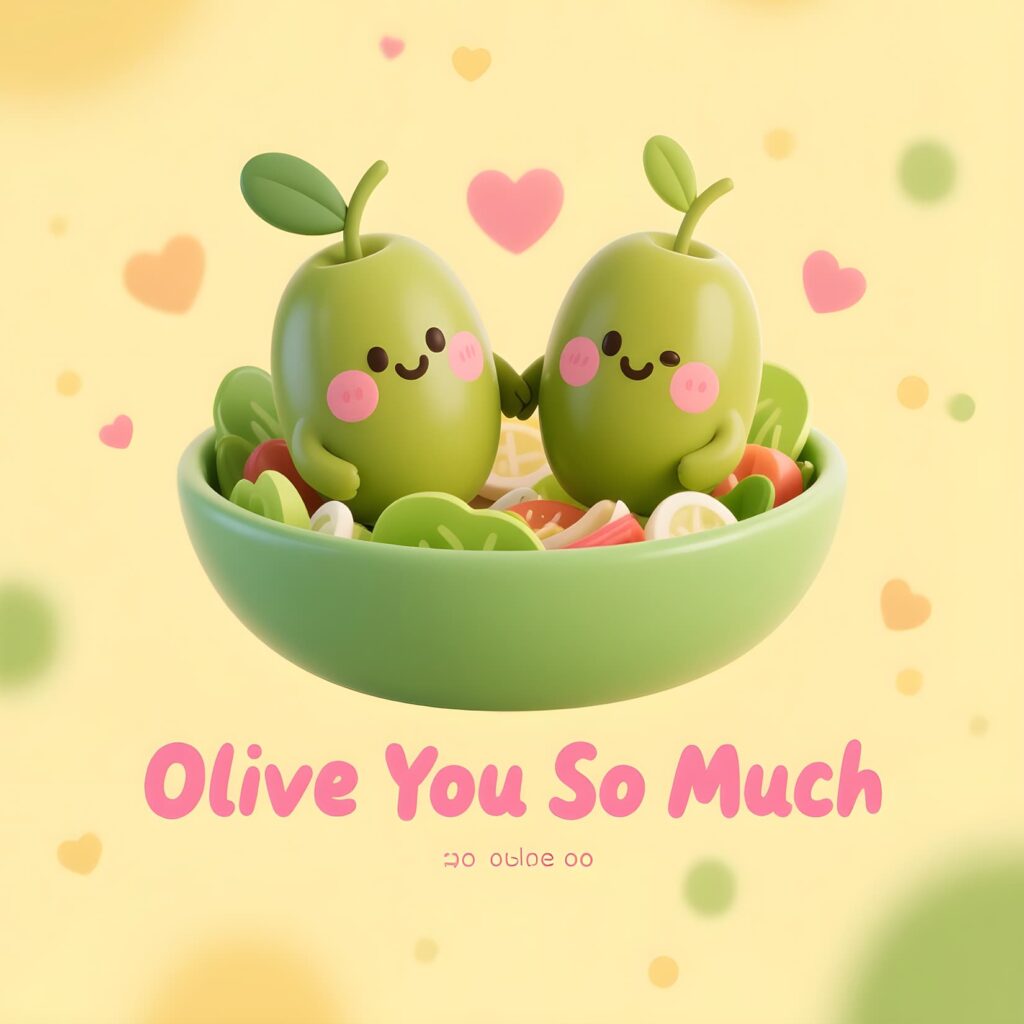 A playful illustration featuring an olive with the text "olive you so much," highlighting a pun related to salads.