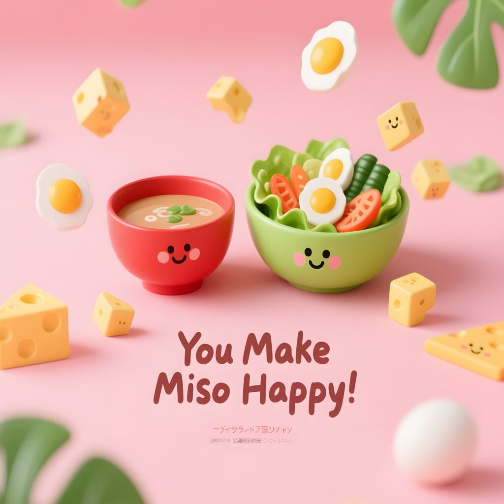 A vibrant salad graphic featuring the phrase "You make Miss Happy," highlighting a fun and pun-filled theme.