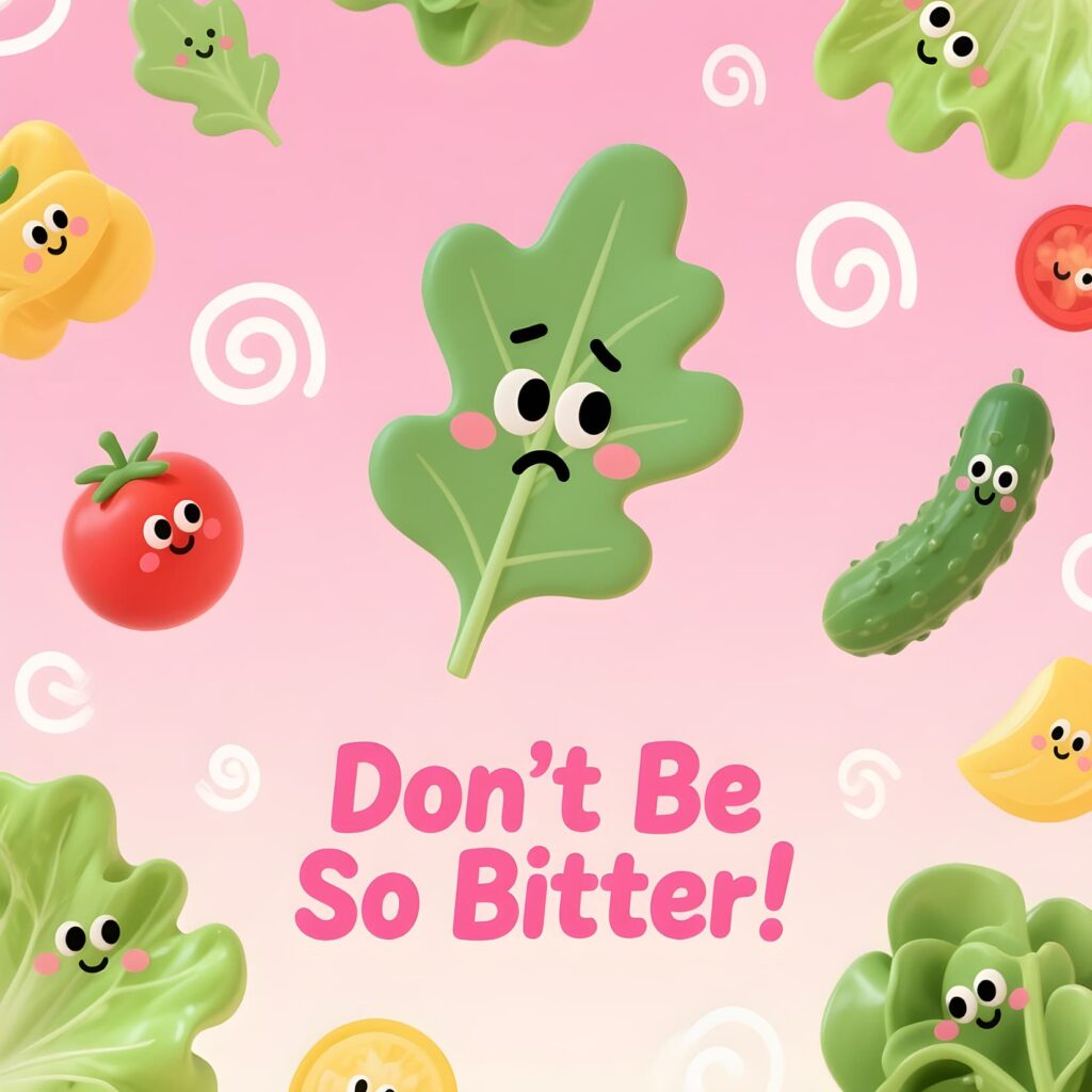Adorable vegetable art with the caption "Don't be so bitter," representing a lighthearted pun from Sallad Puns.