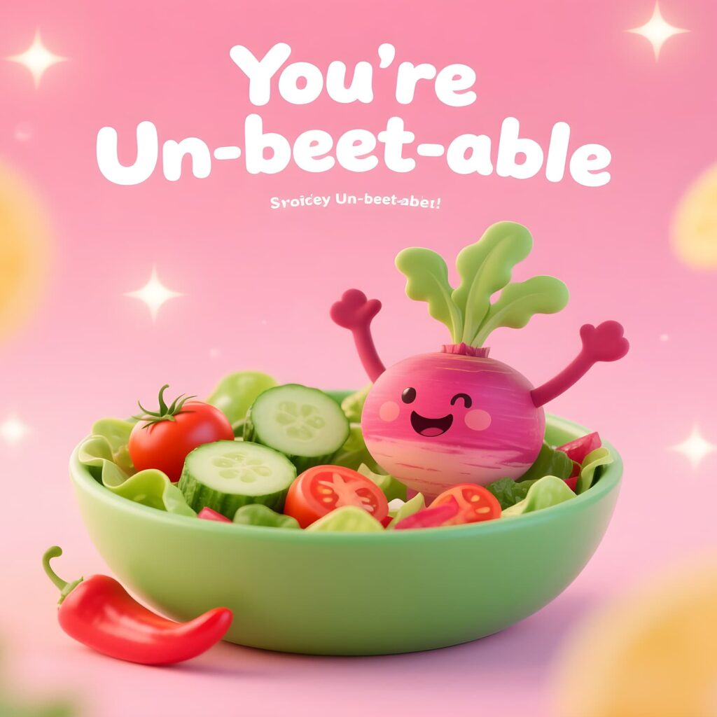 A bowl containing a vegetable with the pun "you're un-beetable" displayed, highlighting a playful salad theme.
