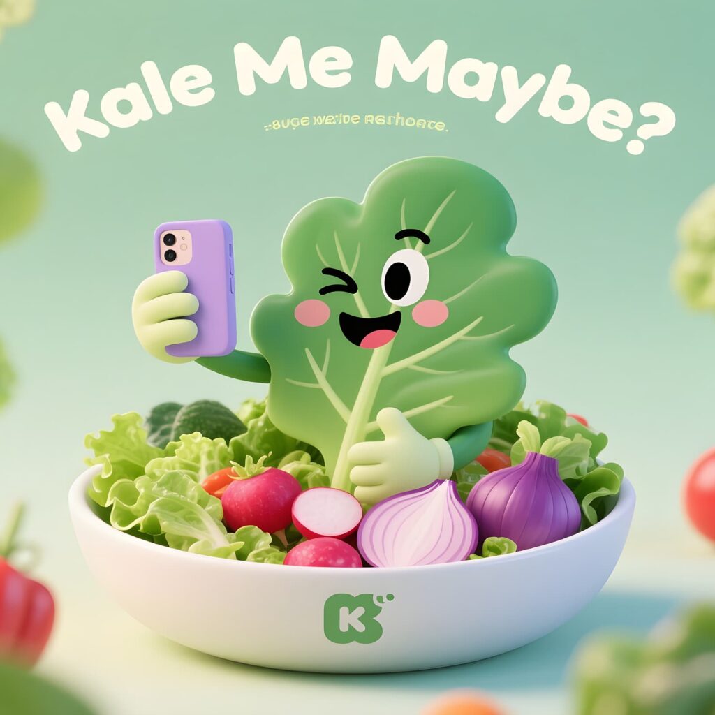 Image of a salad with the text "Kale Me Maybe," highlighting a humorous approach to healthy eating and salad enjoyment.