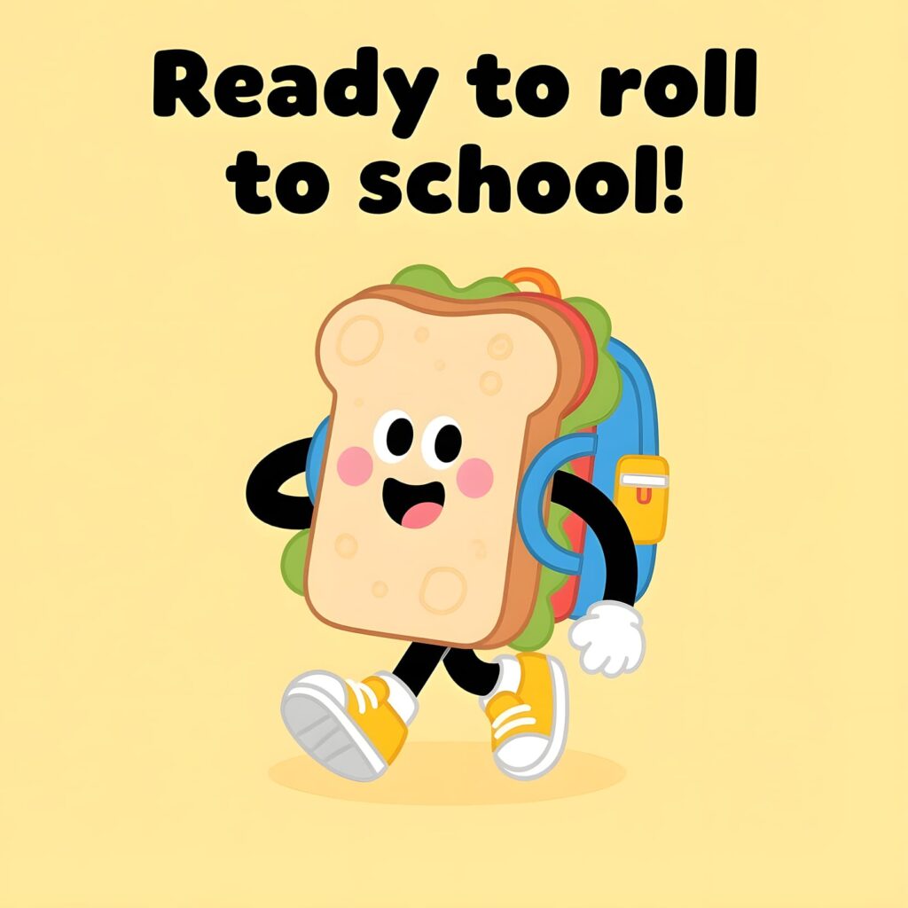 A playful sandwich character with a backpack, eagerly prepared to go to school, featuring fun sandwich-themed puns.