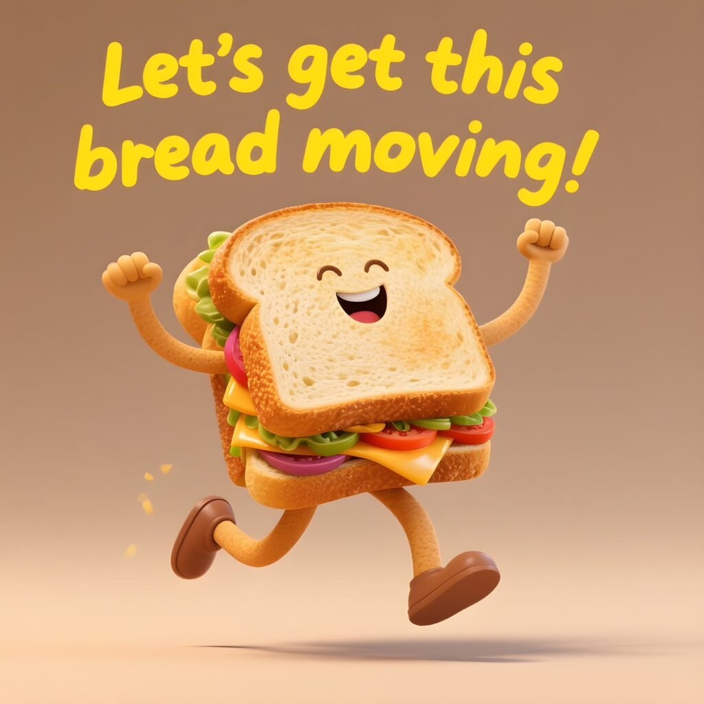 Animated illustration of bread moving, featuring playful sandwich puns in a whimsical design