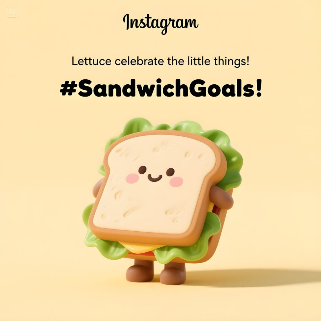 A visually appealing sandwich artfully arranged with puns, showcasing creative and fun food presentation for Instagram.