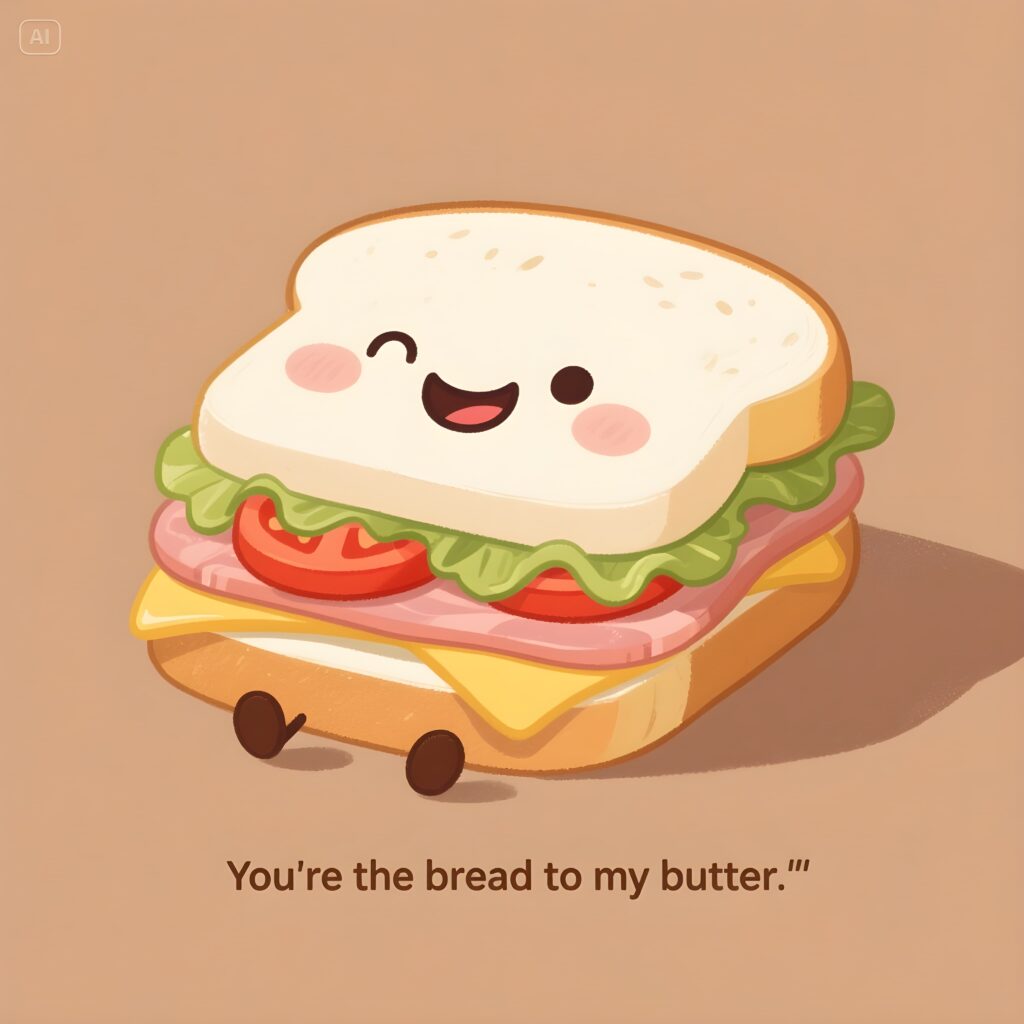 A sandwich featuring the phrase "You're the bread to my butter," highlighting a playful pun about love and food.