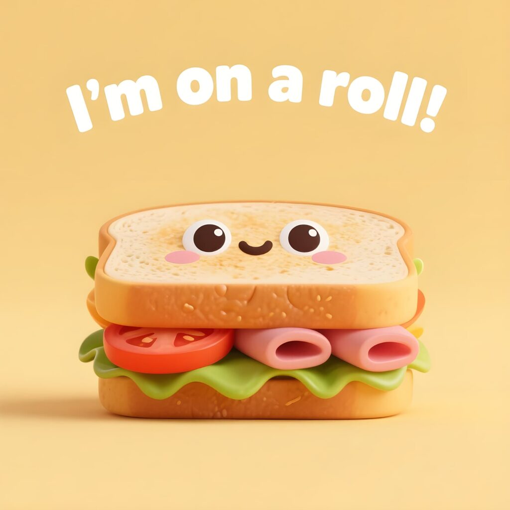 A playful sandwich adorned with eyes and a smiley face, representing a lighthearted approach to food humor.