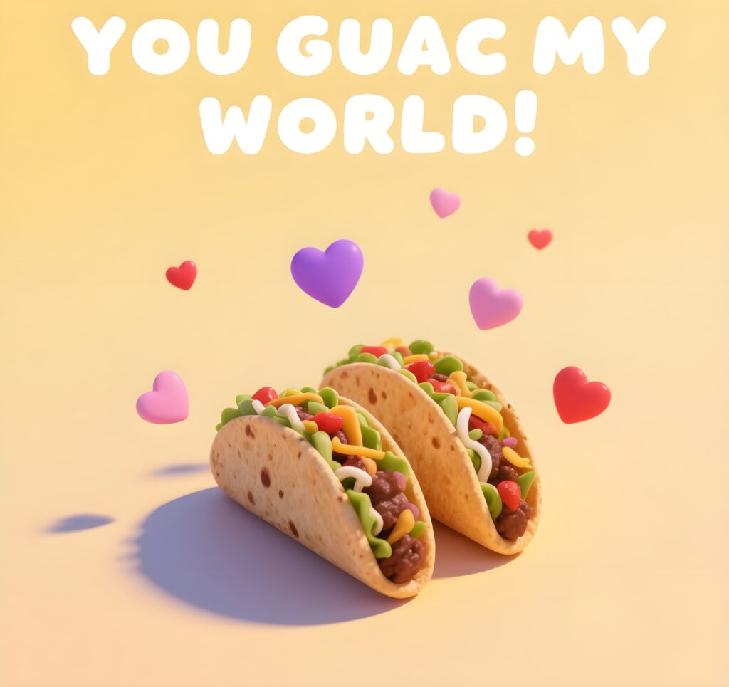 Playful graphic featuring the phrase "you guac my world" with taco-themed illustrations and vibrant colors.