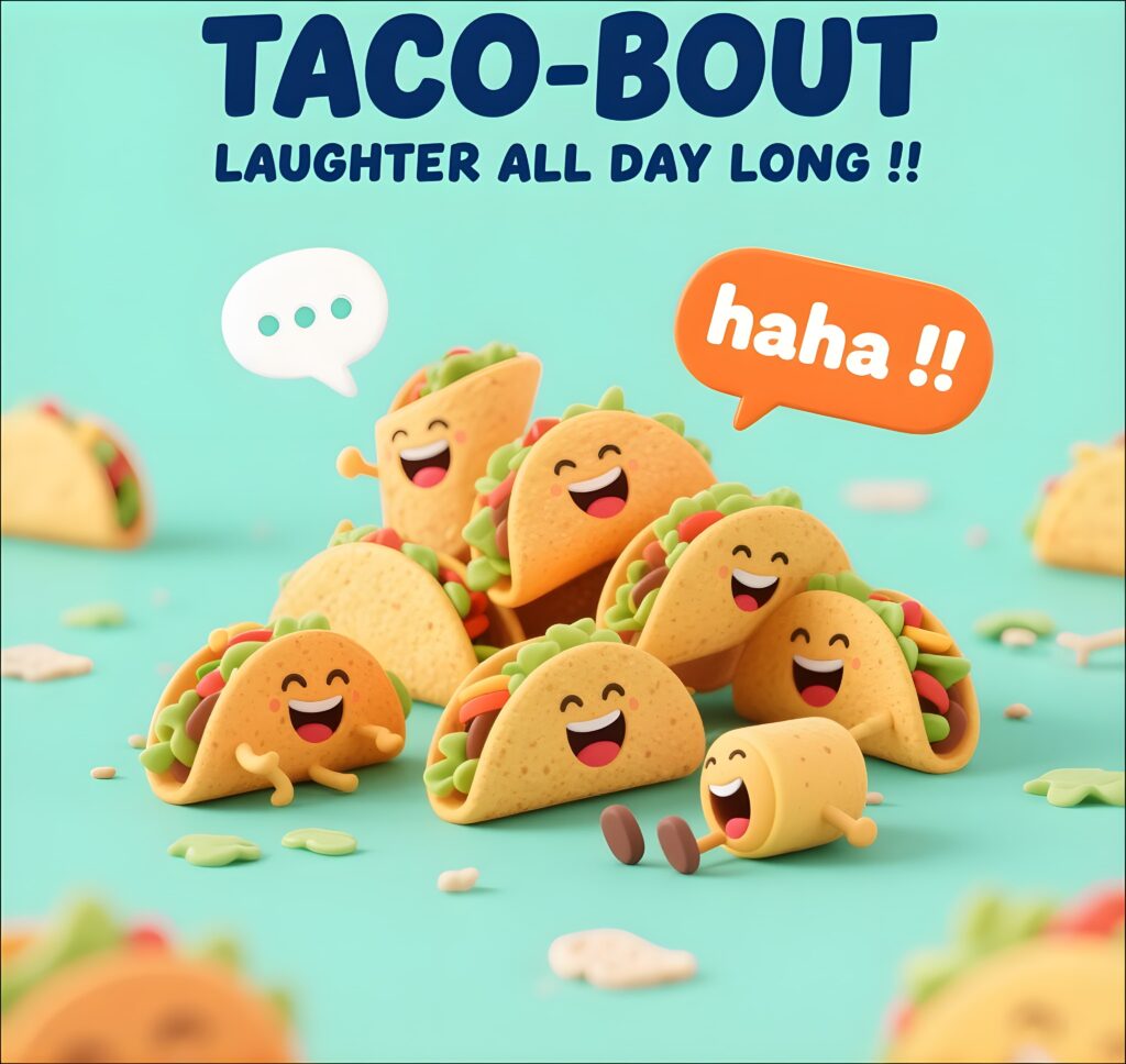 A playful taco graphic with the text "Taco 'bout laugh all day long," featuring colorful taco puns.