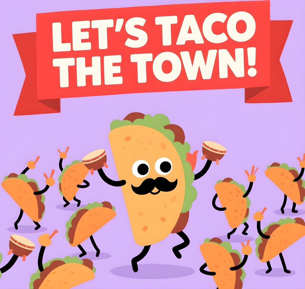 A cartoon taco with a playful mustache, embodying a humorous take on taco puns.