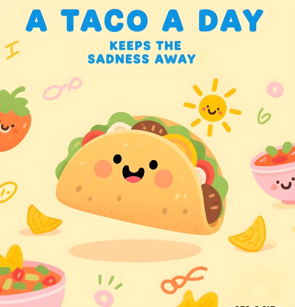 A cheerful taco with a smile, captioned "A taco a day keeps the sadness away," showcasing taco puns and humor.