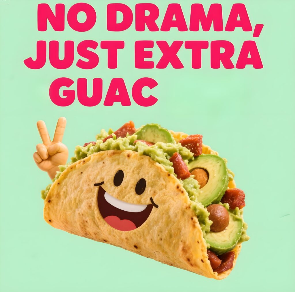 A humorous image displaying "no drama, just extra guac" alongside colorful taco graphics and playful text.