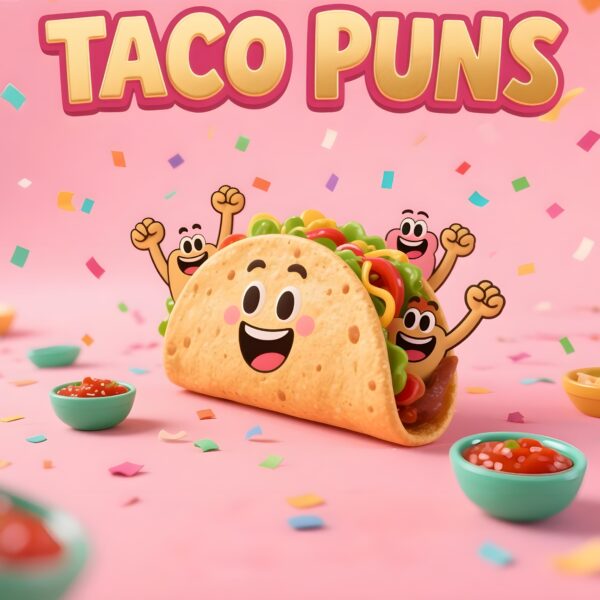 "Taco Puns," featuring a playful taco character ready for fun and humor in a vibrant setting.