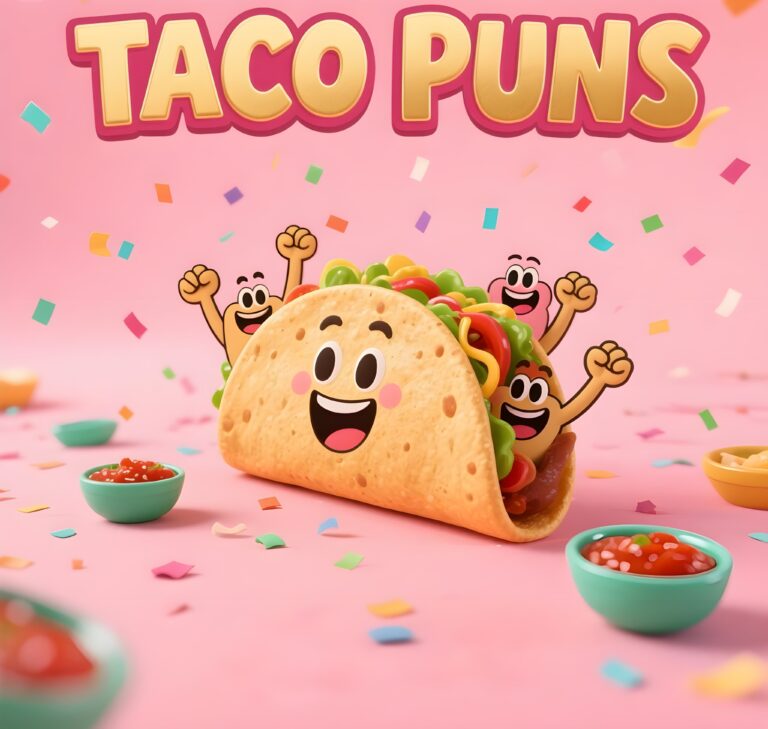 "Taco Puns," featuring a playful taco character ready for fun and humor in a vibrant setting.
