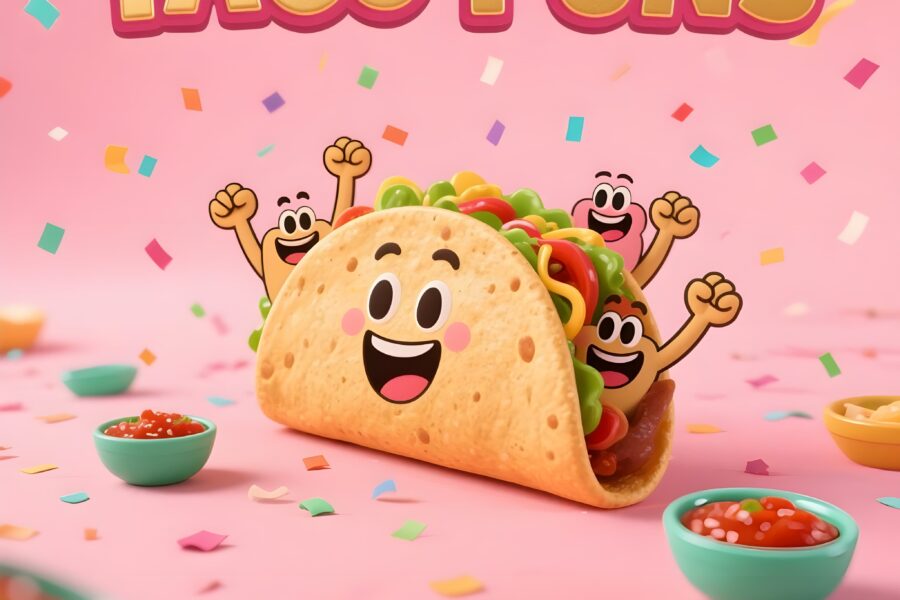 "Taco Puns," featuring a playful taco character ready for fun and humor in a vibrant setting.