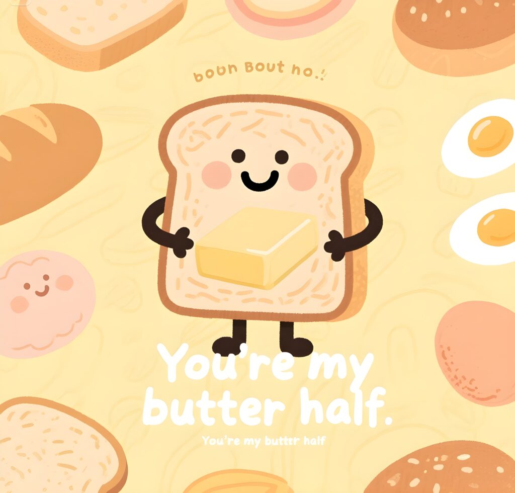 A cute illustration of toast with butter, captioned "You're my butter half," showcasing a playful pun about love.