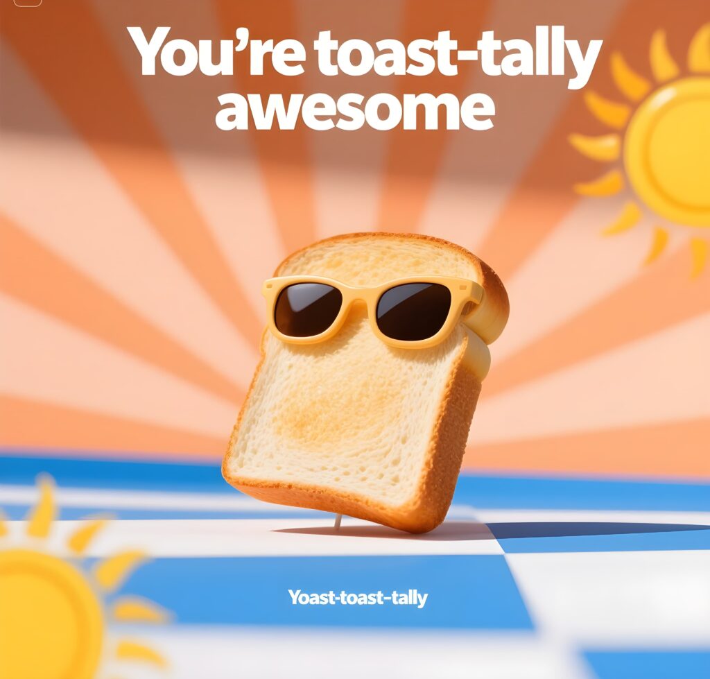 An illustration of a smiling piece of toast with the phrase "You're toast-tally awesome" in a cheerful font.