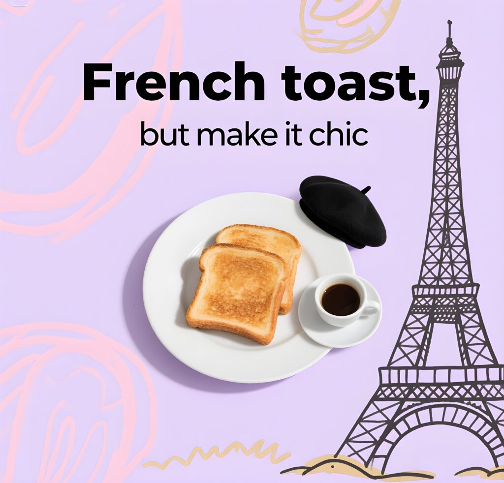 Gourmet French toast artfully arranged with fruit and syrup, presenting a chic and modern take on a beloved breakfast item.