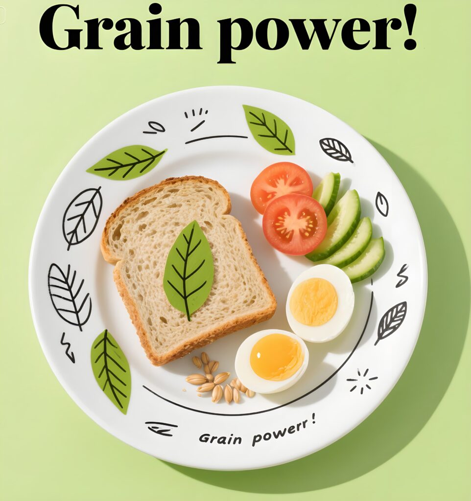A healthy breakfast featuring grains, toast, and playful puns about toast, promoting a nutritious start to the day.