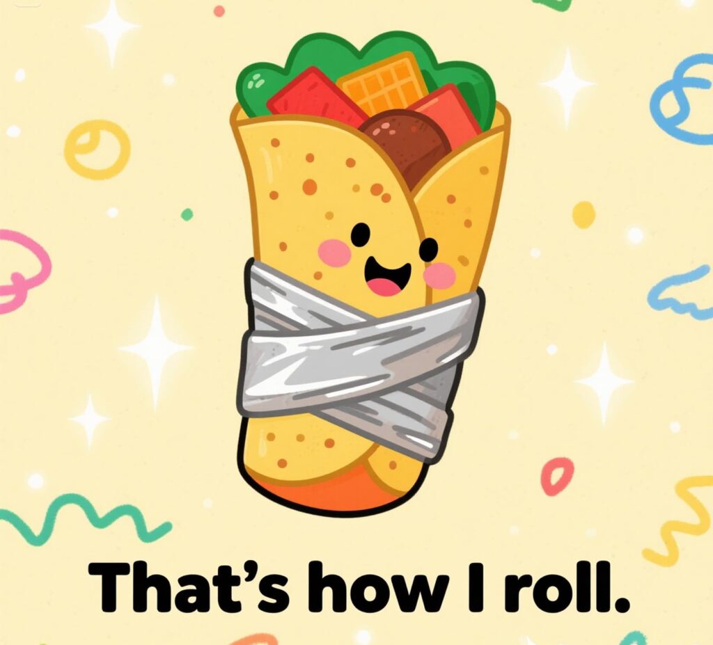 Cheerful burrito character saying "that's how I roll," highlighting a humorous take on burrito puns.