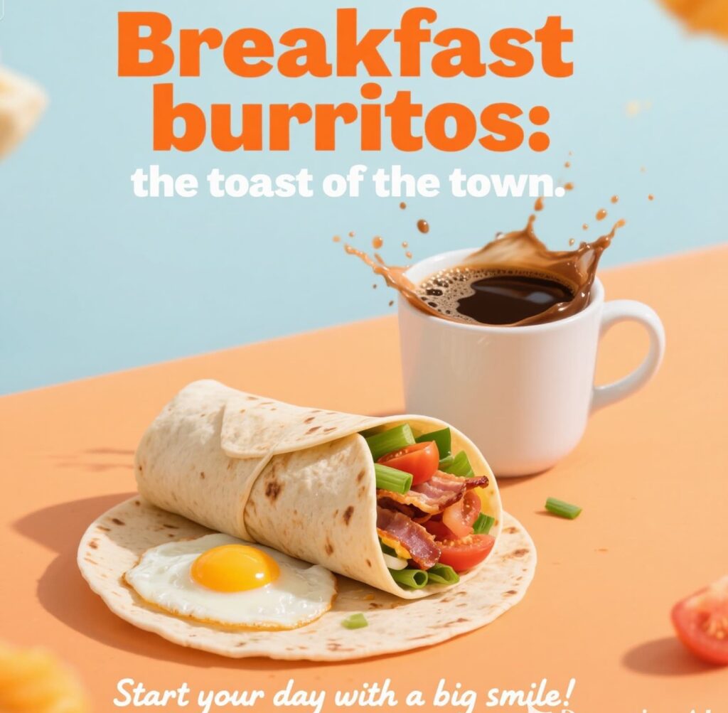 A vibrant display of breakfast burritos, featuring toppings and a humorous nod to their status as the toast of the town.