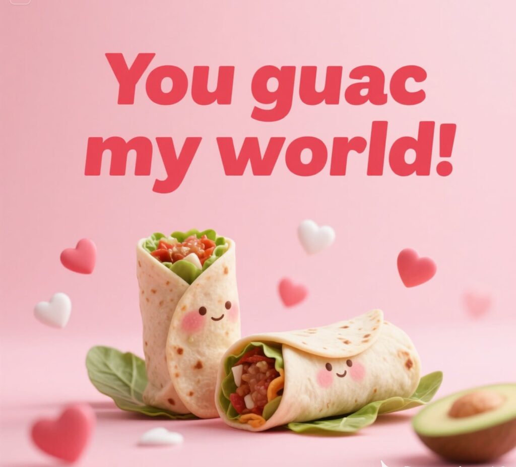 Fun graphic with the text "Guacamole World - You Guac My World," featuring playful burrito puns and vibrant colors.
