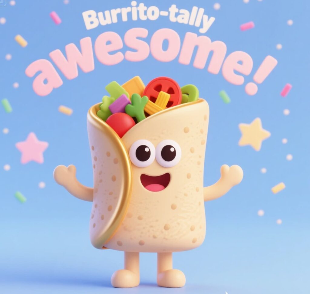 Fun illustration of a burrito surrounded by the phrase "Burrito-tally awesome!" in vibrant colors.