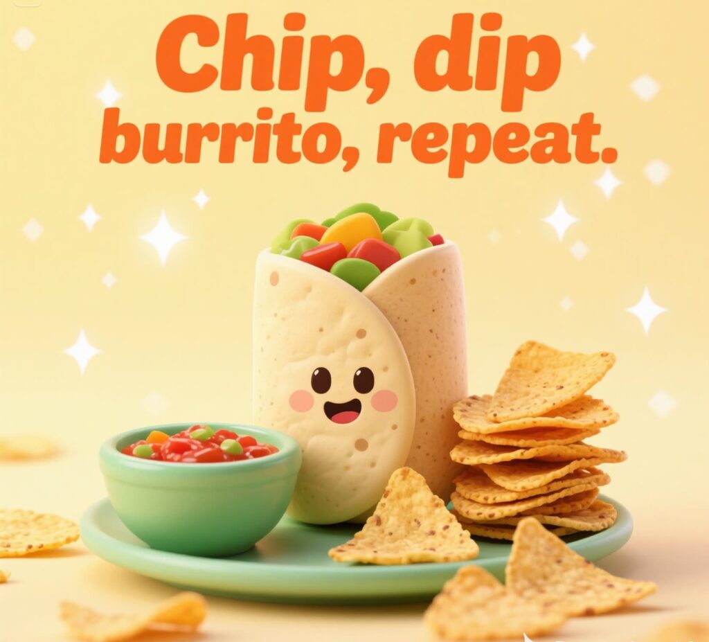 A playful illustration featuring a burrito with chips and dip.