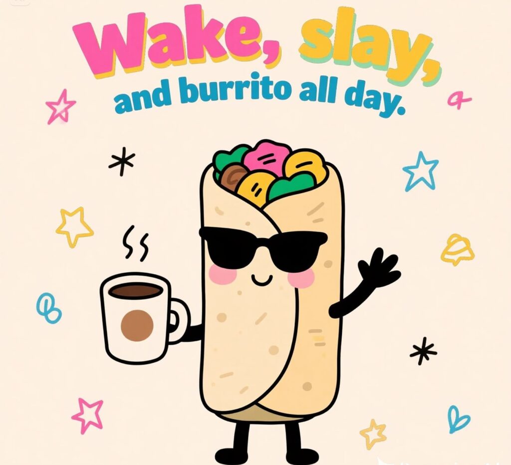 Fun text art saying "Wake, slay, and burrito all day" surrounded by cartoon burritos and vibrant colors.