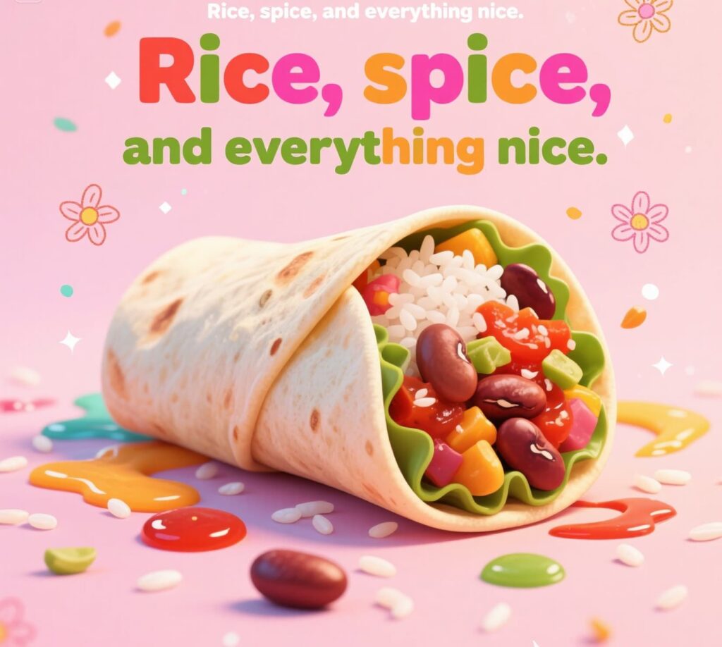 A delicious burrito packed with rice and spices, humorously labeled with a pun celebrating its tasty goodness.