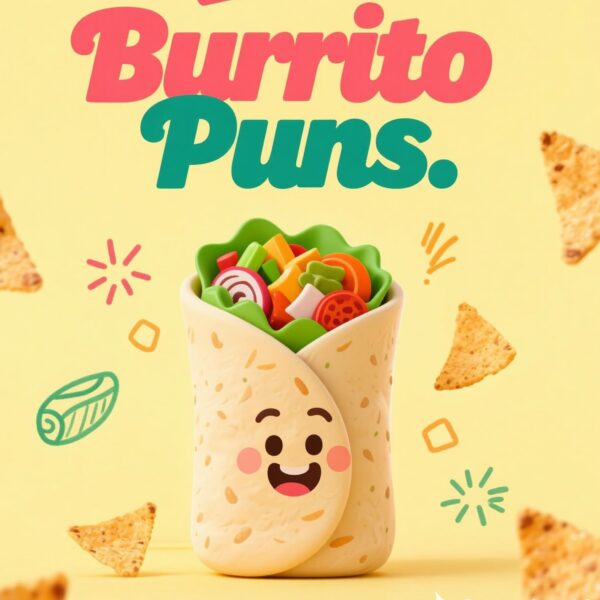 An illustration showcasing a collection of witty burrito puns, creatively arranged with bright colors and fun fonts.