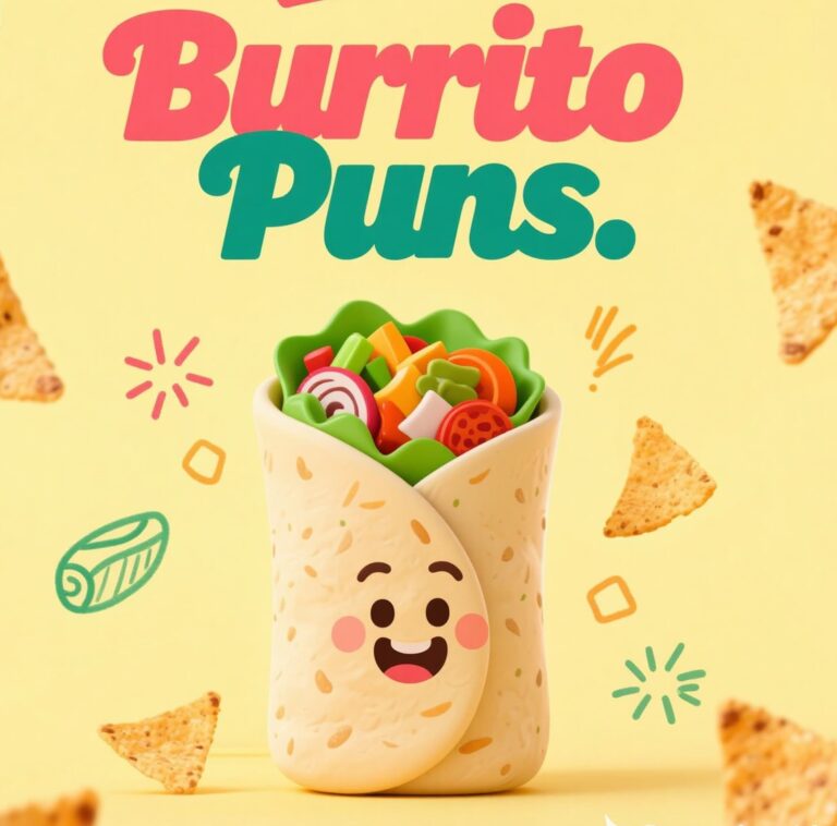 An illustration showcasing a collection of witty burrito puns, creatively arranged with bright colors and fun fonts.