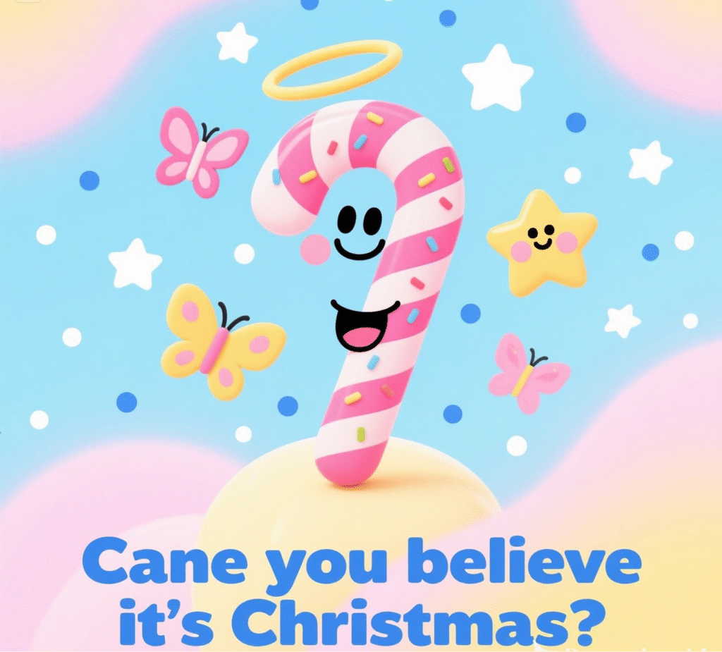 Colorful candy canes with the text, "Can you believe it's Christmas?" capturing the holiday spirit and fun.