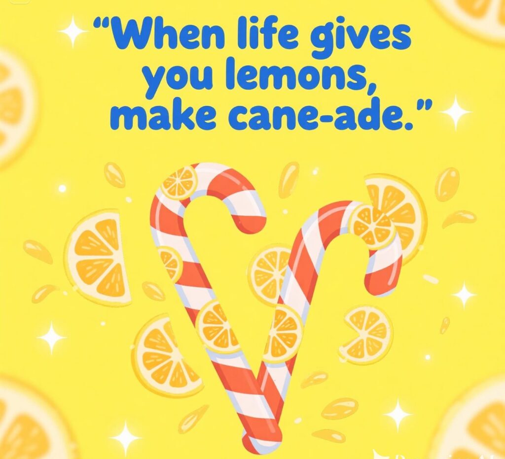 A playful image of a lemon with candy canes, captioned "When life gives you lemons, make candy canes!"