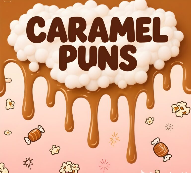 Image of "Caramel Puns" packaging, promoting a fun way to create your own caramel puffs at home.