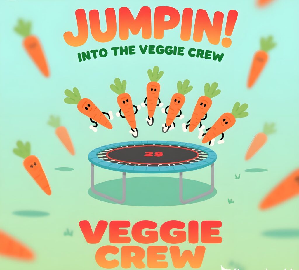 Cartoon carrots joyfully jumping on a trampoline, surrounded by vibrant colors and sprinkled with clever carrot puns.